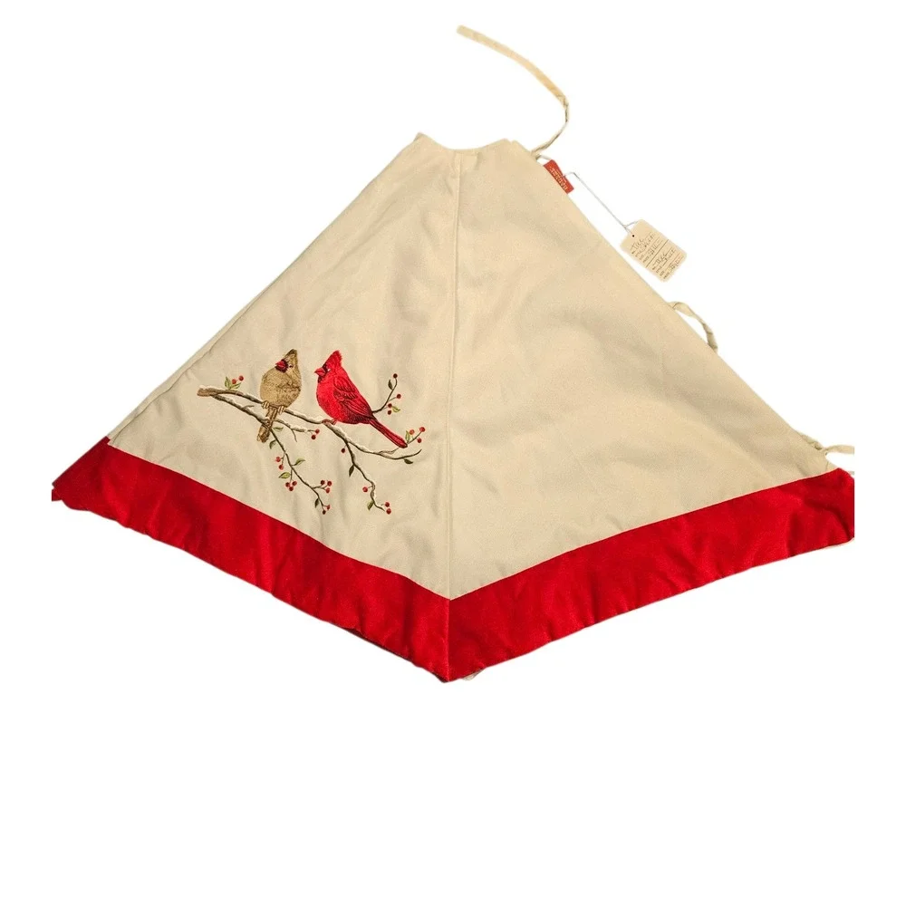 Winter Dreams Christmas Tree Skirt‎ Beige Red Cardinal Bird Embroidered Holiday